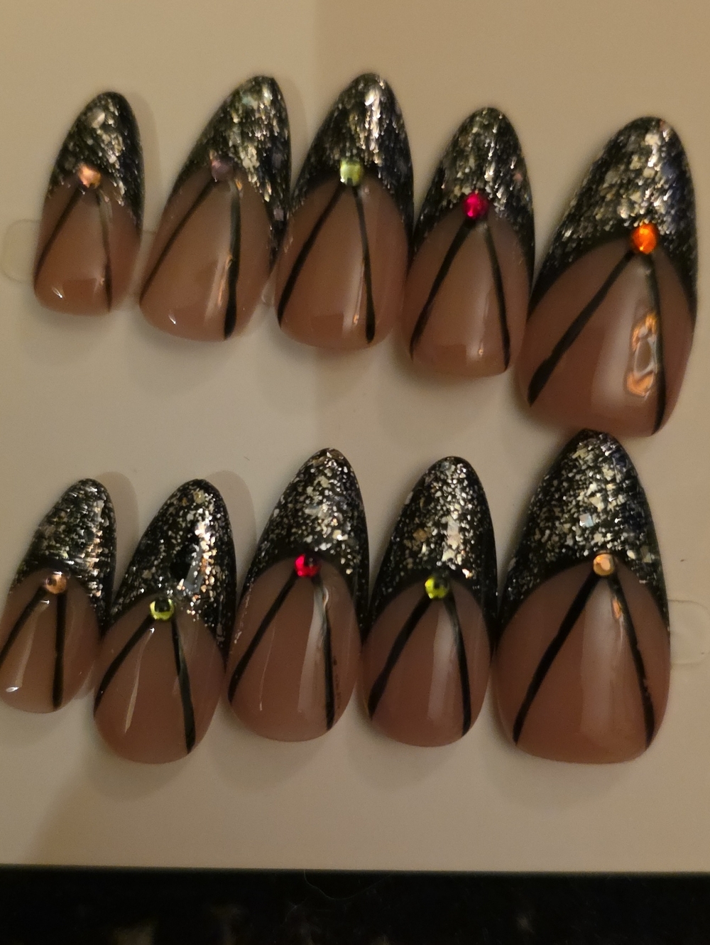 Black Glitter French Tip Press-On Nails with Colored Gems - Size Small Set Of 10